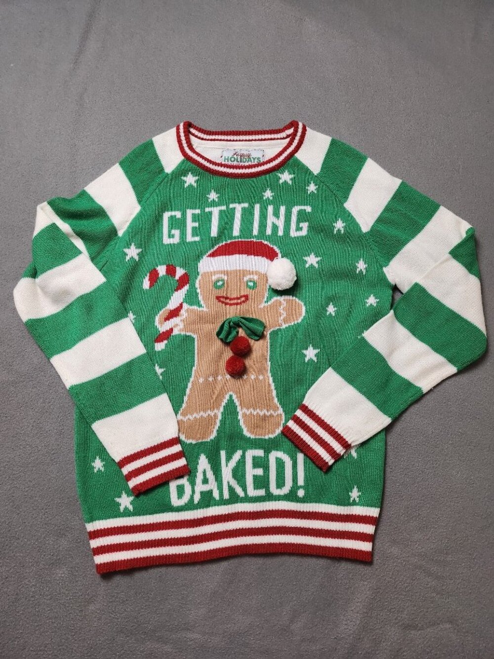 Getting Baked Gingerbread Man Ugly Christmas Sweater Green Striped Pom Pom L